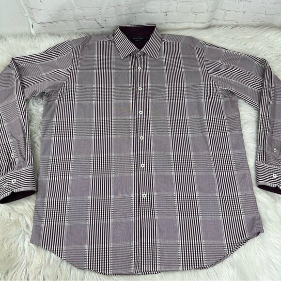 Bugatchi Men’s Purple White Classic Fit Plaid Button Down Dress Shirt L/C50 - Picture 1 of 12